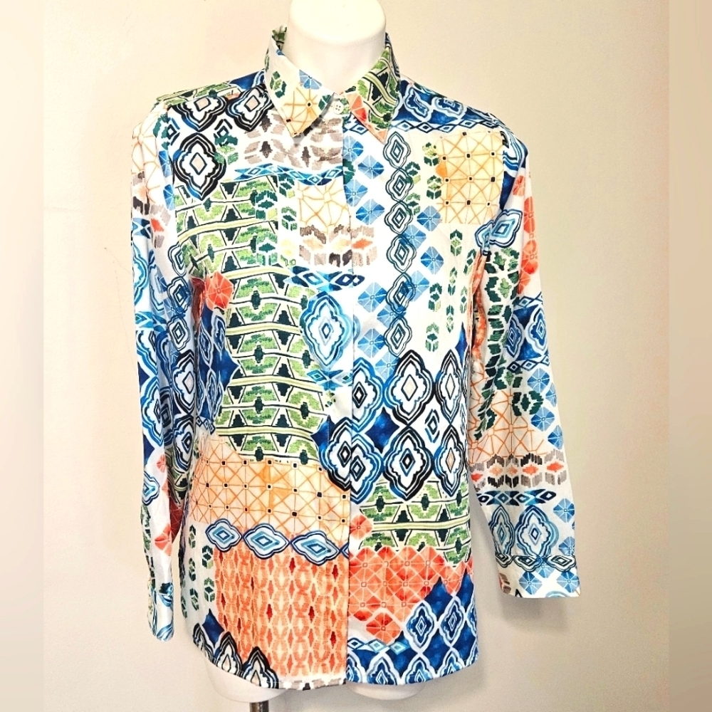 Chico's Colorful Geometric Print Button-Up Shirt EUC
